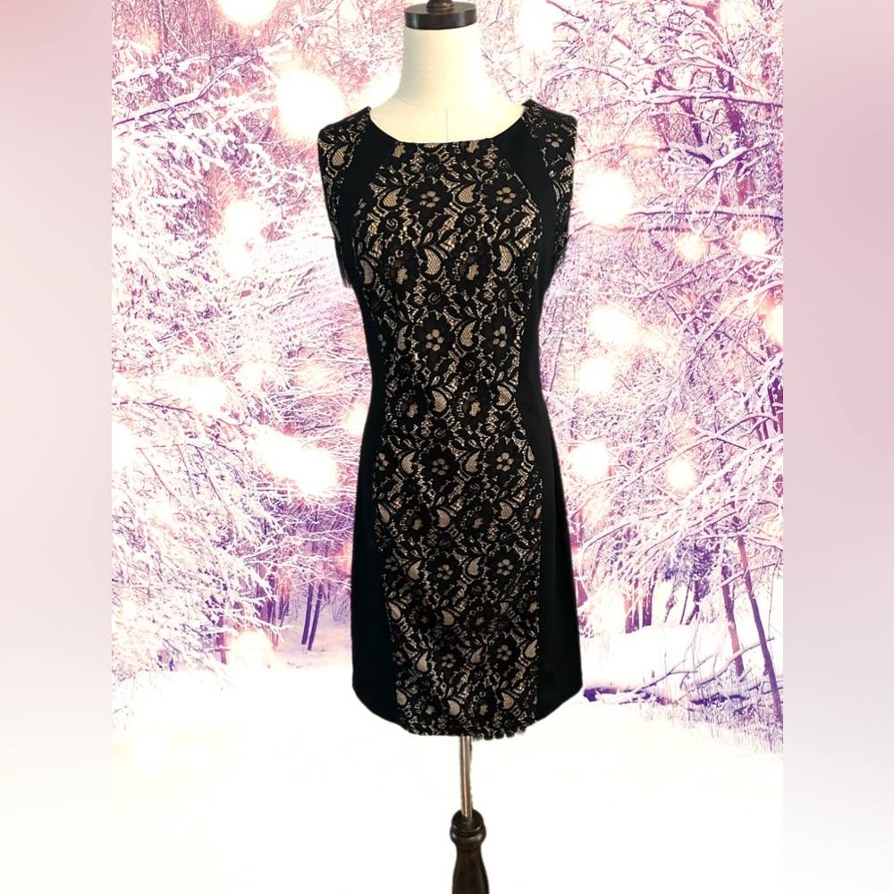 CLASSY KNEE LENGTH BLACK & TAUPE LACE COCKTAIL SHEATH DRESS, SIZE 10